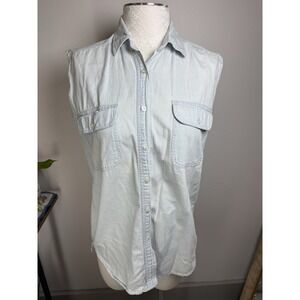 Vintage Off Base Men S Light Blue Sleeveless Button Up Hickory Stripe Cotton